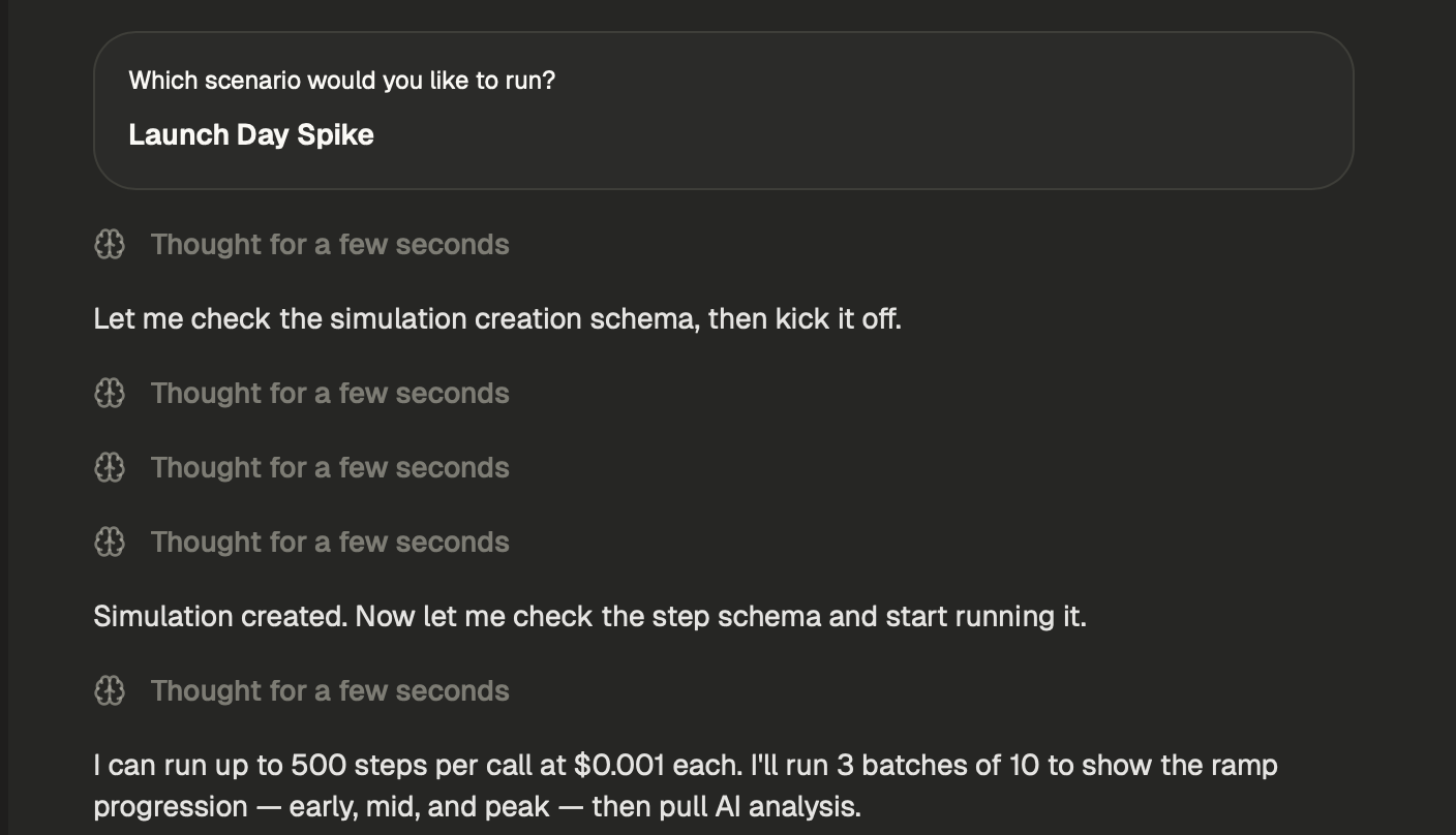 AI agent conversation: agent picks 'Launch Day Spike' scenario, reads the OpenAPI schema, creates a simulation, and plans 3 batches of 10 steps at $0.001 USDC each