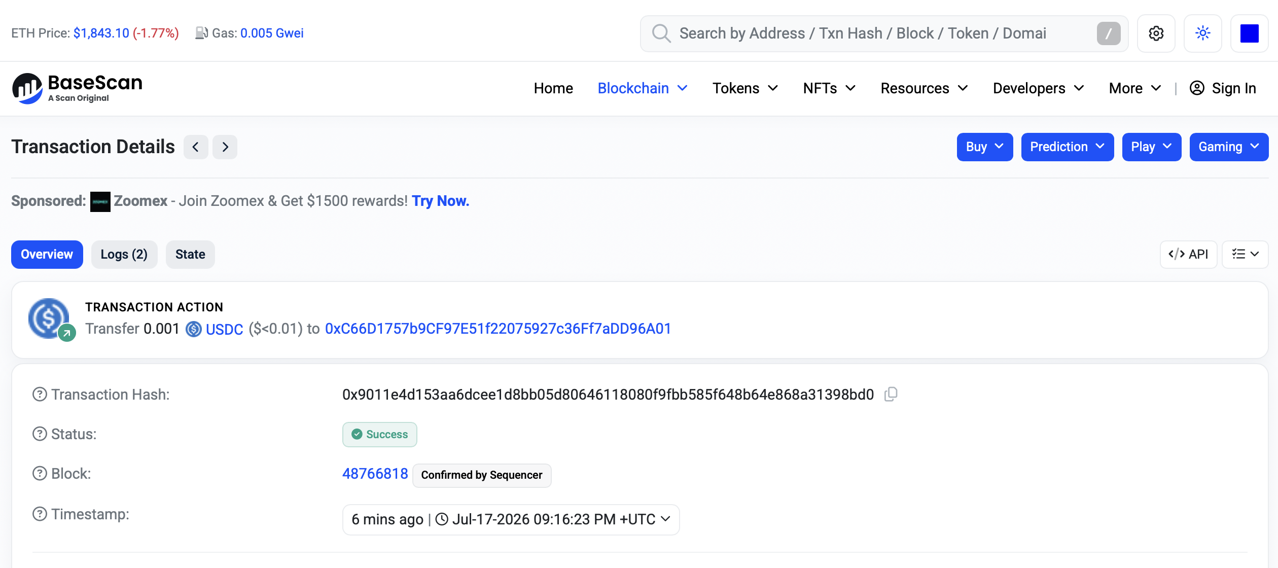BaseScan transaction details: 0.001 USDC transfer confirmed on Base, block 48766818, Jul-17-2026