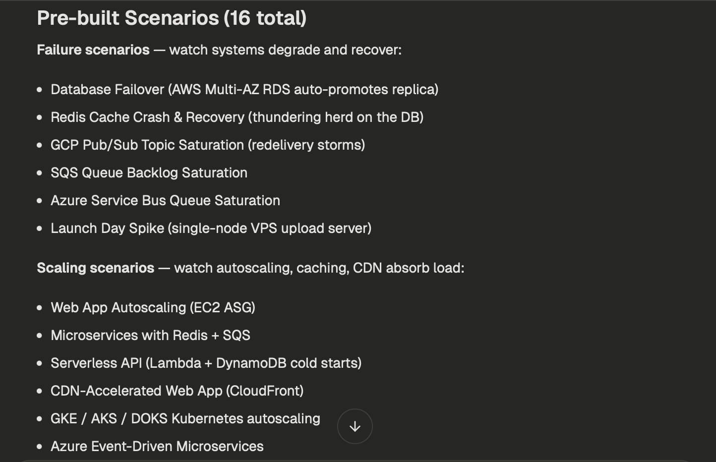 16 pre-built scenarios: e-commerce surge, k8s autoscale, database overload, multi-region failover, and more